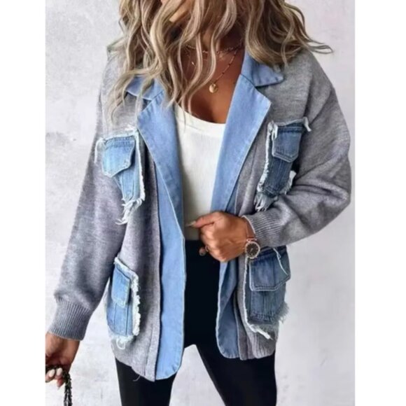 Cozy Denim Mixed Fabric Frayed Pockets Jacket Shacket - Picture 1 of 3